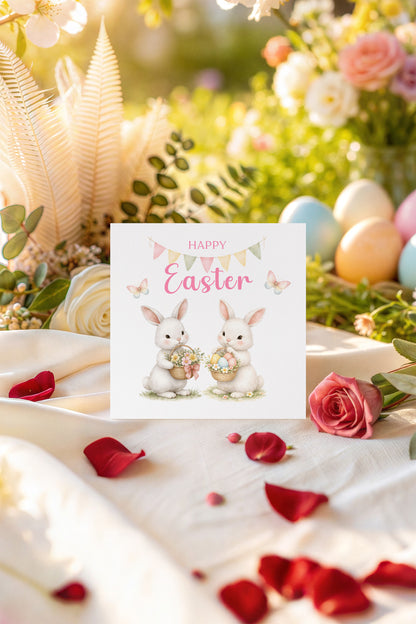 Happy Easter Card with Two Bunnies Design for Girls,  Mum, Grandma, Auntie, Daughter, Granddaughter, Niece, Baby Girl, Little One – Pink Envelope Included