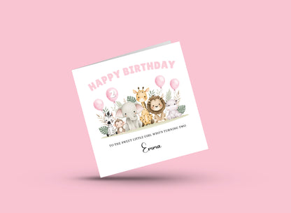 Safari Animals-Personalised Birthday Folded Card for Girls, Custom Name, Age and Message Watercolour Effect Happy Birthday Card, Any Age Birthday, 1st 2nd 3rd 4th 5th 6th 7th 8th 9th 10th, Customisable Birthday Card for Children