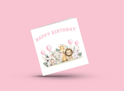 Safari Jungle Animals Happy Birthday Card, one Balloon contains the Birthday Age from 1 to 10 -Birthday Card for Baby Girl, Daughter, Granddaughter, Niece, Children's Birthday Card – Pink Envelope Included
