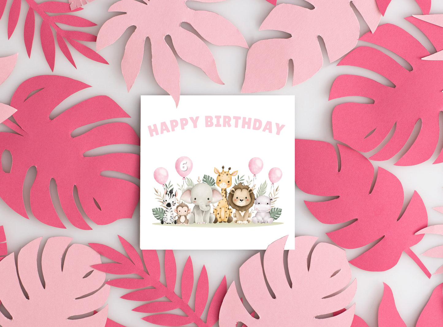 Safari Jungle Animals Happy Birthday Card, one Balloon contains the Birthday Age from 1 to 10 -Birthday Card for Baby Girl, Daughter, Granddaughter, Niece, Children's Birthday Card – Pink Envelope Included