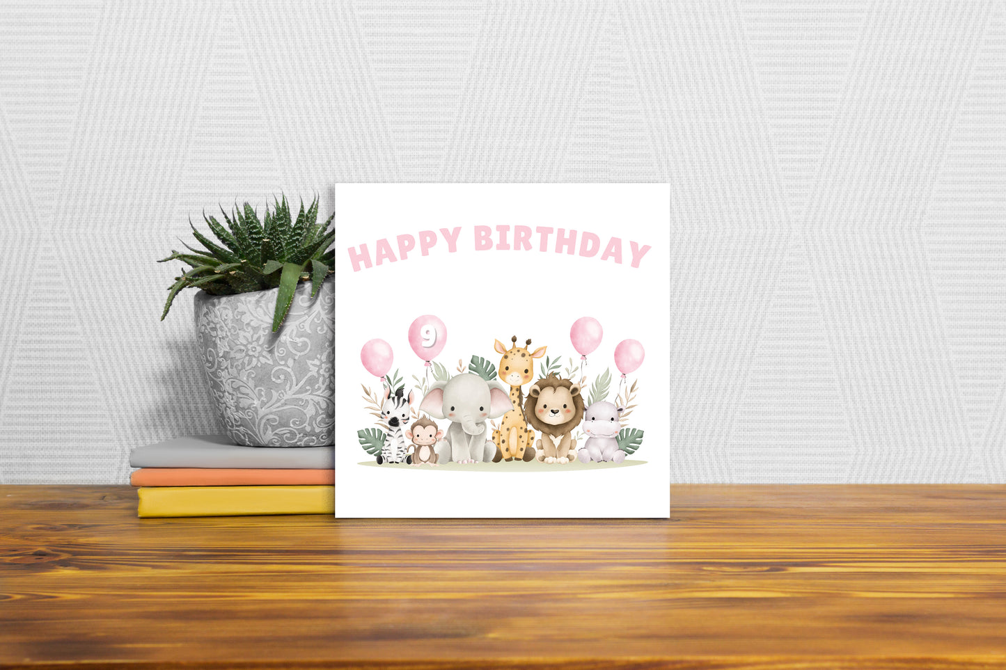 Safari Jungle Animals Happy Birthday Card, one Balloon contains the Birthday Age from 1 to 10 -Birthday Card for Baby Girl, Daughter, Granddaughter, Niece, Children's Birthday Card – Pink Envelope Included