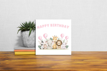 Safari Jungle Animals Happy Birthday Card, one Balloon contains the Birthday Age from 1 to 10 -Birthday Card for Baby Girl, Daughter, Granddaughter, Niece, Children's Birthday Card – Pink Envelope Included