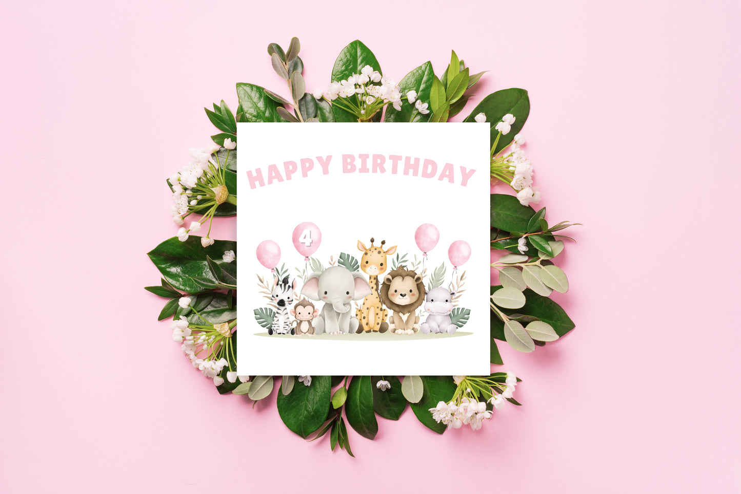 Safari Jungle Animals Happy Birthday Card, one Balloon contains the Birthday Age from 1 to 10 -Birthday Card for Baby Girl, Daughter, Granddaughter, Niece, Children's Birthday Card – Pink Envelope Included