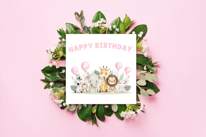 Safari Jungle Animals Happy Birthday Card, one Balloon contains the Birthday Age from 1 to 10 -Birthday Card for Baby Girl, Daughter, Granddaughter, Niece, Children's Birthday Card – Pink Envelope Included