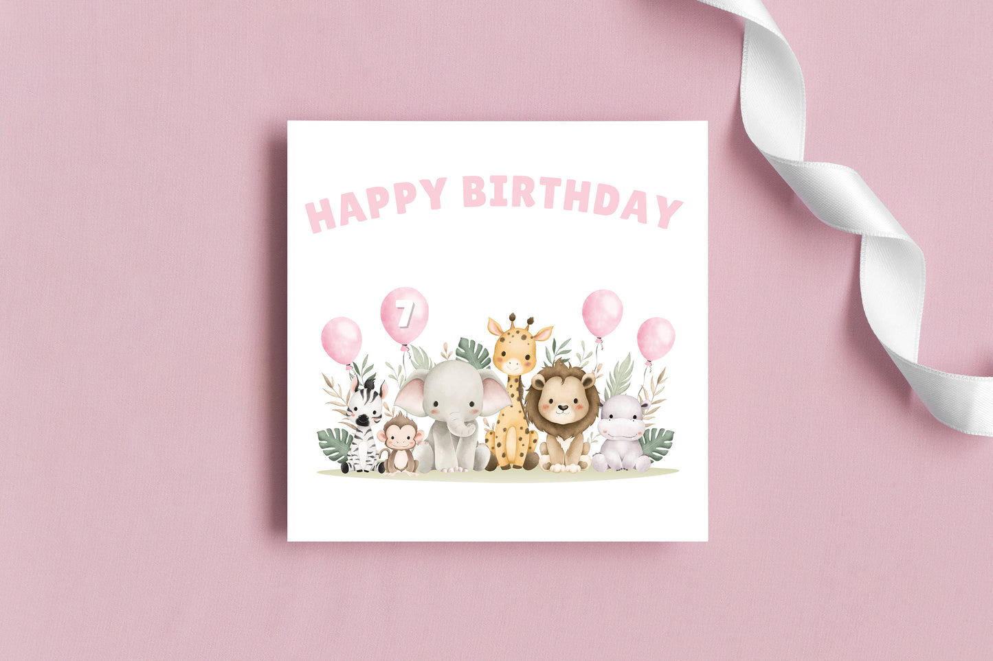 Safari Jungle Animals Happy Birthday Card, one Balloon contains the Birthday Age from 1 to 10 -Birthday Card for Baby Girl, Daughter, Granddaughter, Niece, Children's Birthday Card – Pink Envelope Included