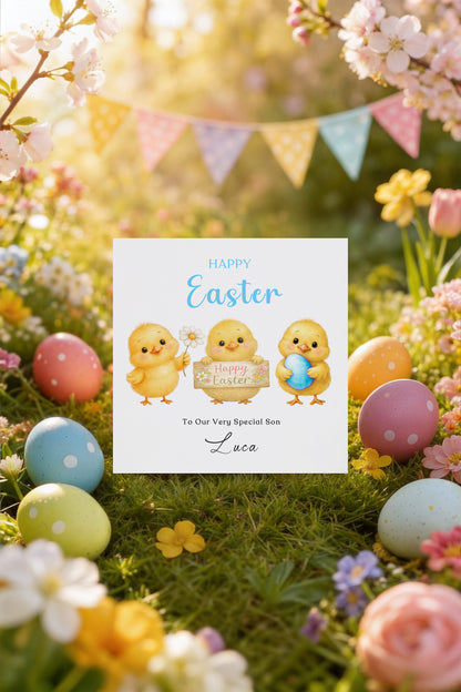 Personalised Happy Easter Card for Boys with Custom Name and Message - Cute Baby Chick Design for Son, Grandson, Nephew, Kids, Boy, Baby boy, Little One – Blue Envelope Included