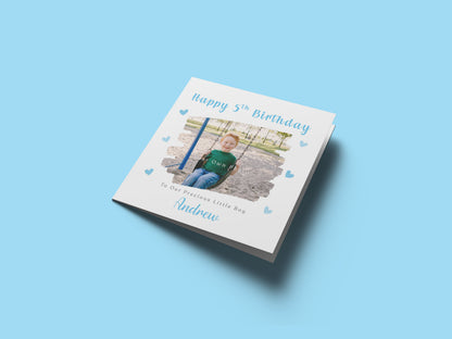 Personalised Photo 5th Birthday Card for Boys – Brush Stroke Frame with Custom Photo, Name & Message, Age 5 Years Old Fifth Birthday Card for Kids, Son, Grandson, Nephew –  Blue Envelope Included