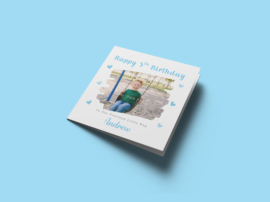 Personalised Photo 5th Birthday Card for Boys – Brush Stroke Frame with Custom Photo, Name & Message, Age 5 Years Old Fifth Birthday Card for Kids, Son, Grandson, Nephew –  Blue Envelope Included