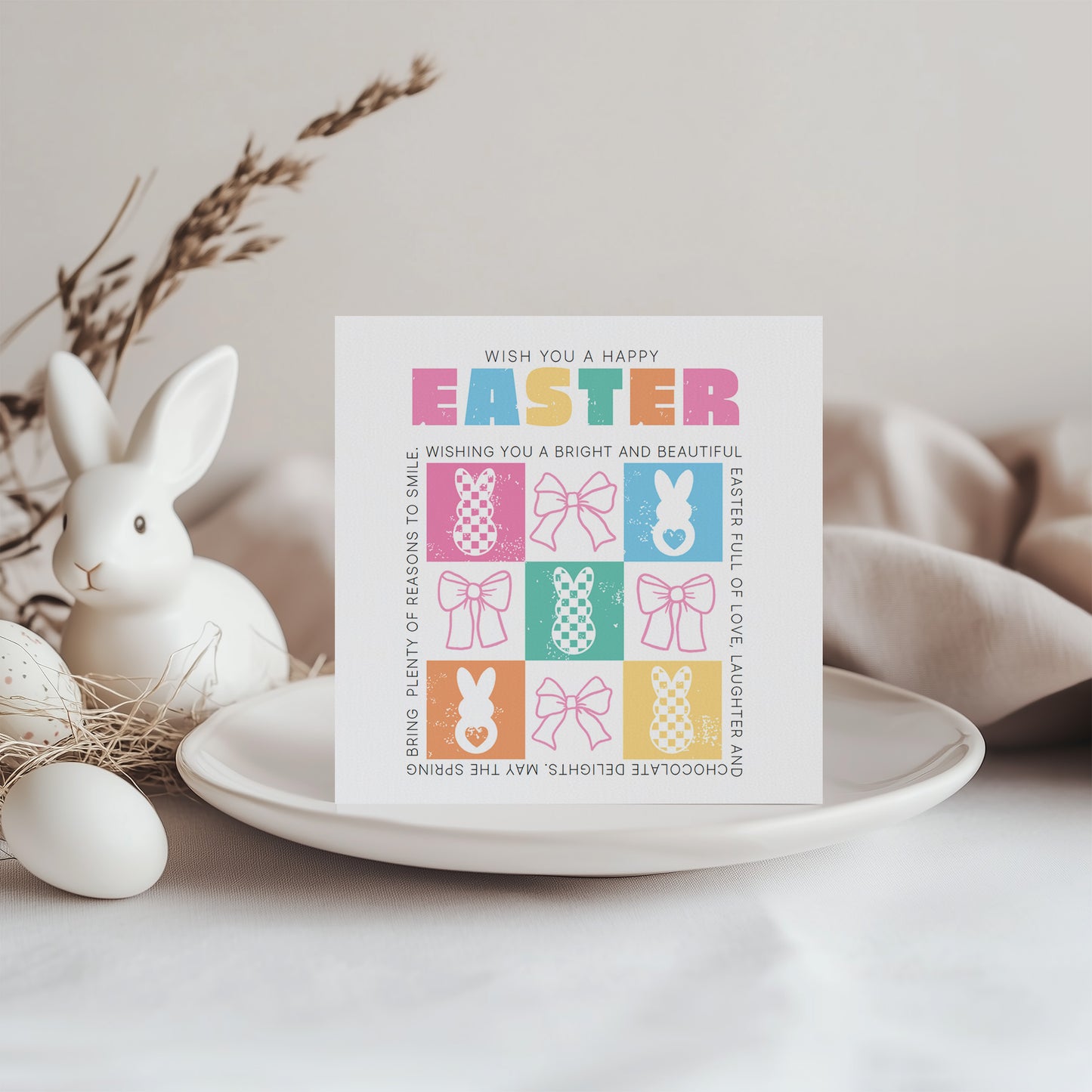 Cute Checkerboard Bunny Happy Easter Card – Bunny & Bow Design – Sweet Easter Wishes and Spring Greeting Card for Family, Girls, Teens, Friends, Kids, Loved Ones - Pink Envelope Included