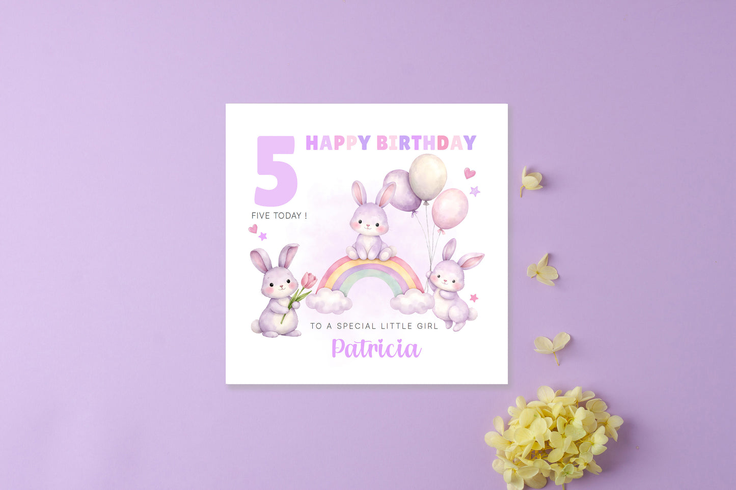 Personalised Bunny 5 Years Old 5th Birthday Card for Girls – Purple Rabbit Design with Custom Name & Message - Age 5 Girl, Kids,Children, Daughter, Granddaughter, Niece - Purple Envelope Includeder Niece - Pink Envelope Included