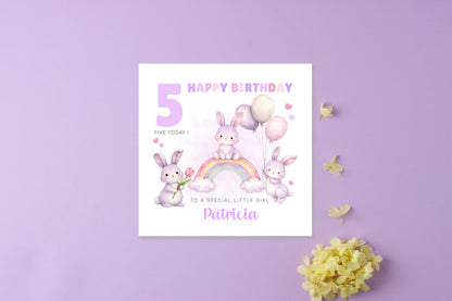 Personalised Bunny 5 Years Old 5th Birthday Card for Girls – Purple Rabbit Design with Custom Name & Message - Age 5 Girl, Kids,Children, Daughter, Granddaughter, Niece - Purple Envelope Includeder Niece - Pink Envelope Included