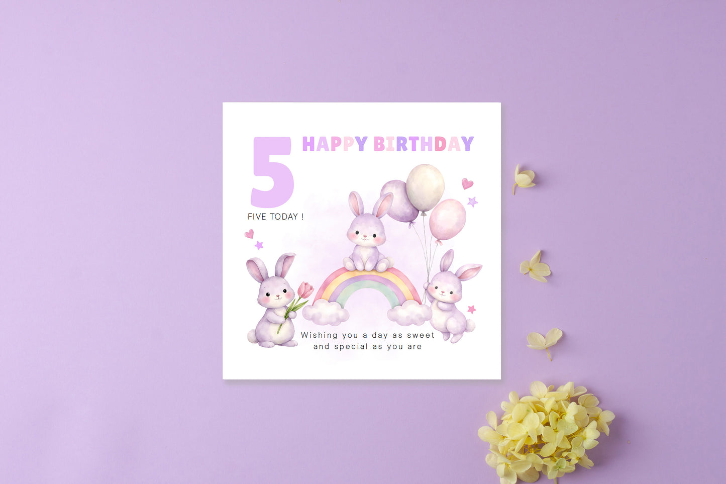 Purple Bunny 5 Years Old 5th Birthday Card for Girls – Lilac Rabbit Design with Sweet Message - Age 5 Girl, Kids,Children, Daughter, Granddaughter, Niece - Purple Envelope Included