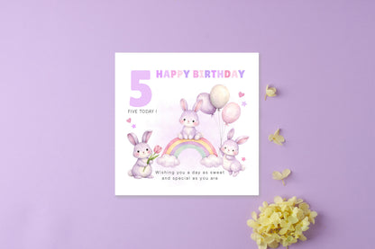 Purple Bunny 5 Years Old 5th Birthday Card for Girls – Lilac Rabbit Design with Sweet Message - Age 5 Girl, Kids,Children, Daughter, Granddaughter, Niece - Purple Envelope Included