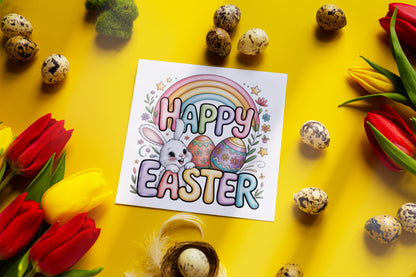 Happy Easter Card with Bunny and Rainbow Design – Cute Spring Holiday Card for Family, Kids, Boys, Girls, Son, Daughter, Nephew, Niece, Granddaughter, Grandson – Yellow Envelope Included