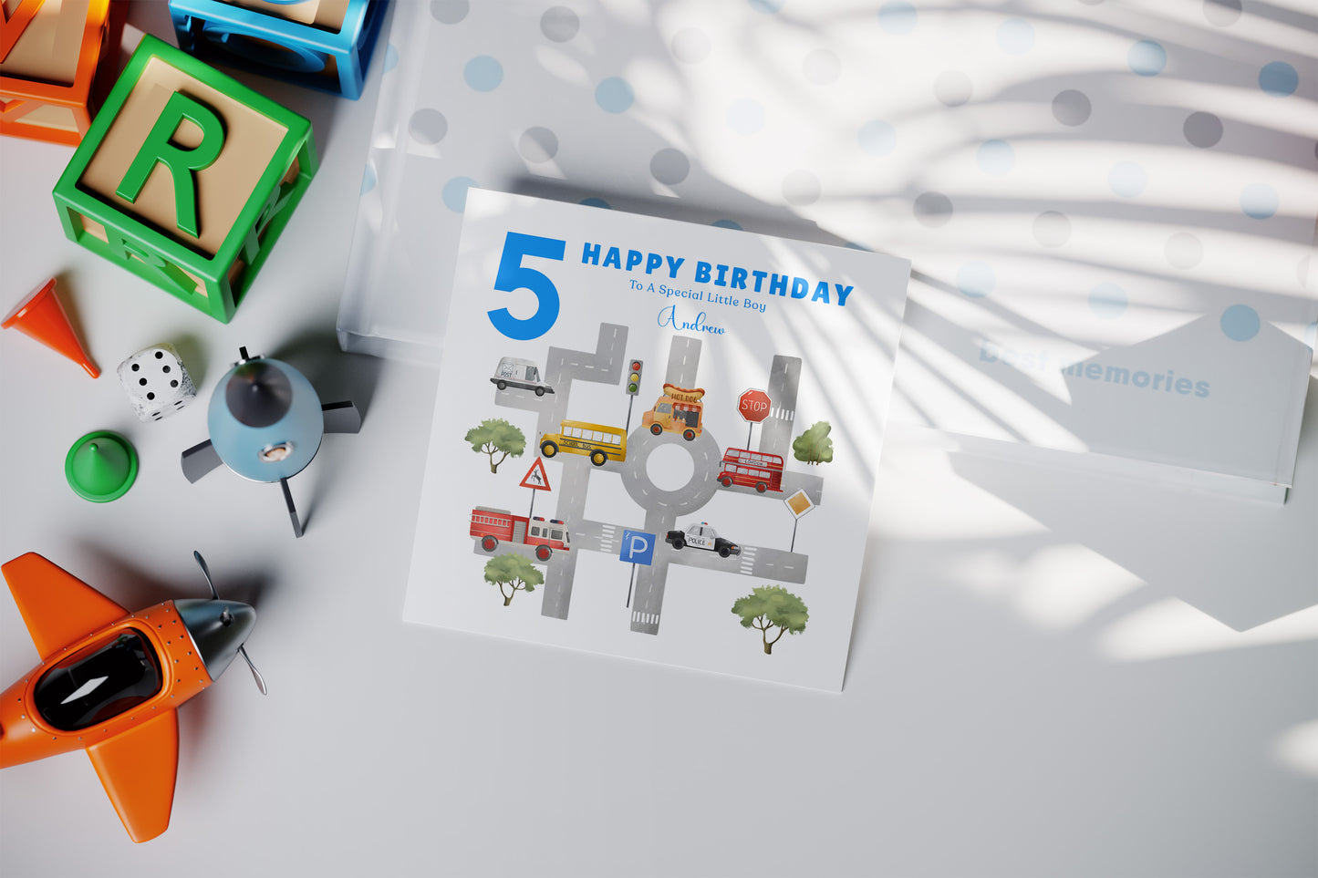 Personalised 5th Birthday Card for Boys – Cars, Transport Theme with Custom Name and Message, Age 5 Years Old Birthday Card for Kids, Children, Boy, Son, Grandson, Nephew – Blue Envelope Included