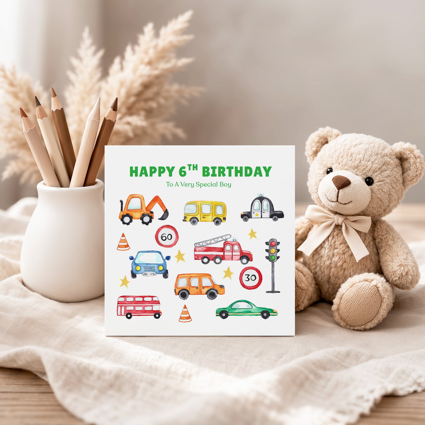 Happy 6th Birthday Card for Boys – Car Digger Bus Design, Boy Vehicle Birthday Card, Age 6 Years Old Birthday Card for Kids, Children, Boy, Son, Grandson, Nephew– Blue Envelope Included
