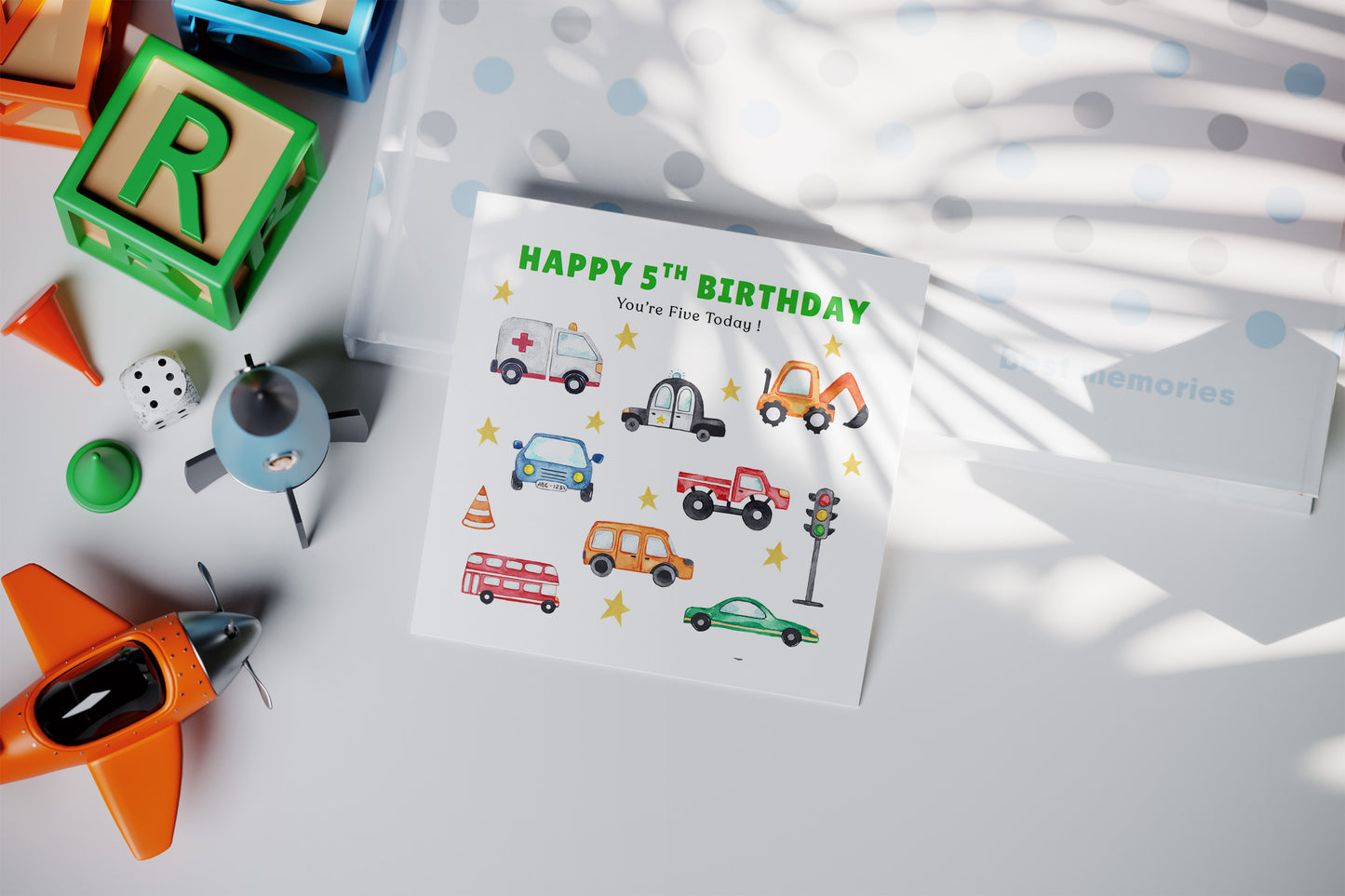 Cute Vehicles 5th Birthday Card for Boys - Transport Theme Birthday Card for Age 5 Years Old Kids, Children, Boy, Son, Grandson, Nephew – Green Envelope Included