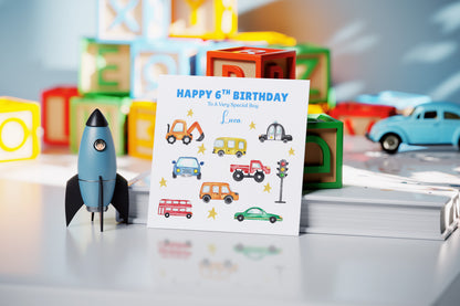 Personalised 6th Birthday Card for Boys – Car Digger Bus Design with Custom Name and Message, Age 6 Years Old Birthday Card for Kids, Children, Boy, Son, Grandson, Nephew– Blue Envelope Included