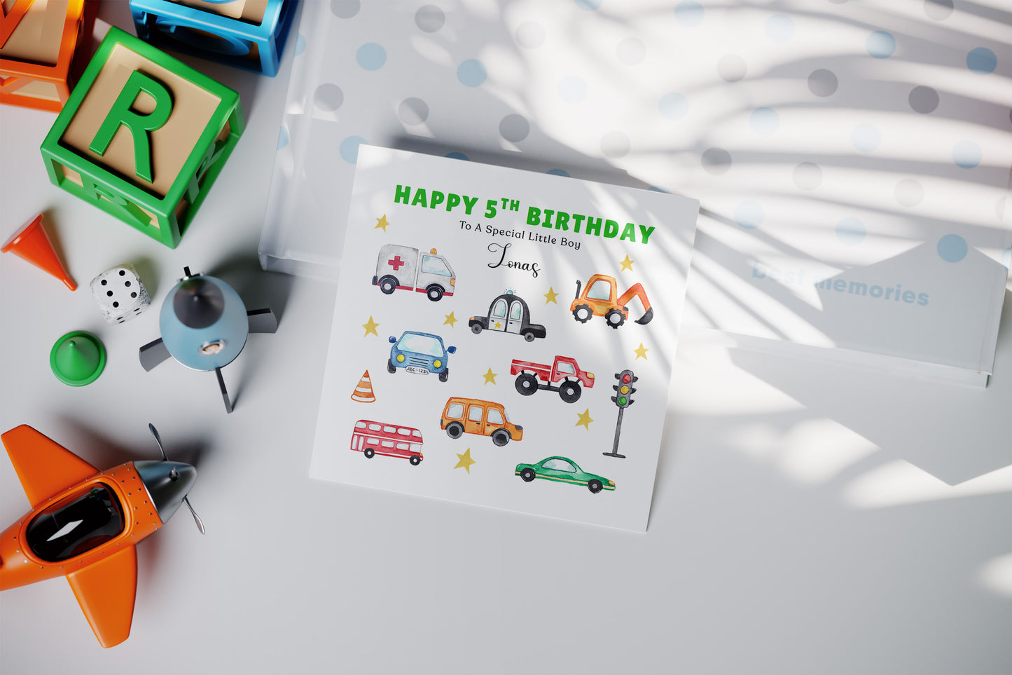Personalised 5th Birthday Card for Boys - Vehicles and Transport Birthday Card with Custom Name and Message for Age 5 Years Old Kids, Children, Boy, Son, Grandson, Nephew – Green Envelope Included