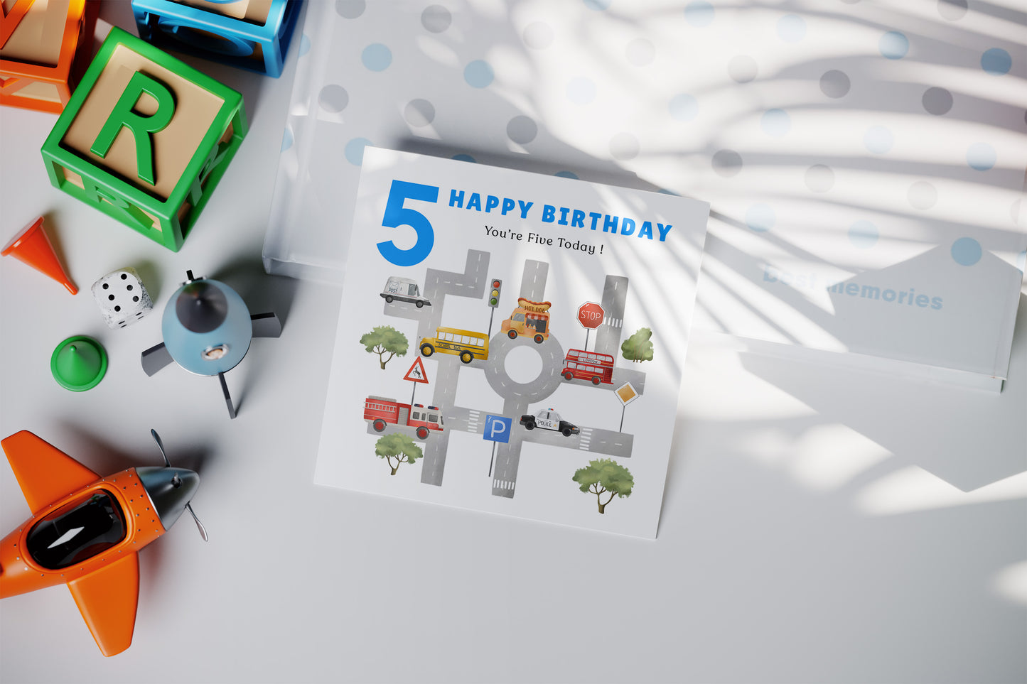 5th Birthday Card for Boys – Cars & Transport Theme Birthday Card for Age 5 Years Old Kids, Children, Boy, Son, Grandson, Nephew – Blue Envelope Included