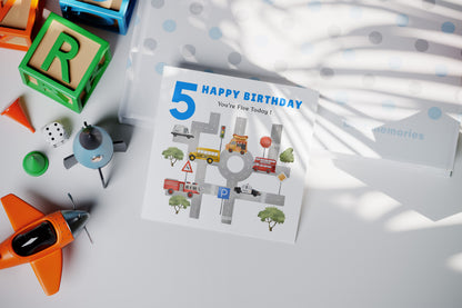 5th Birthday Card for Boys – Cars & Transport Theme Birthday Card for Age 5 Years Old Kids, Children, Boy, Son, Grandson, Nephew – Blue Envelope Included