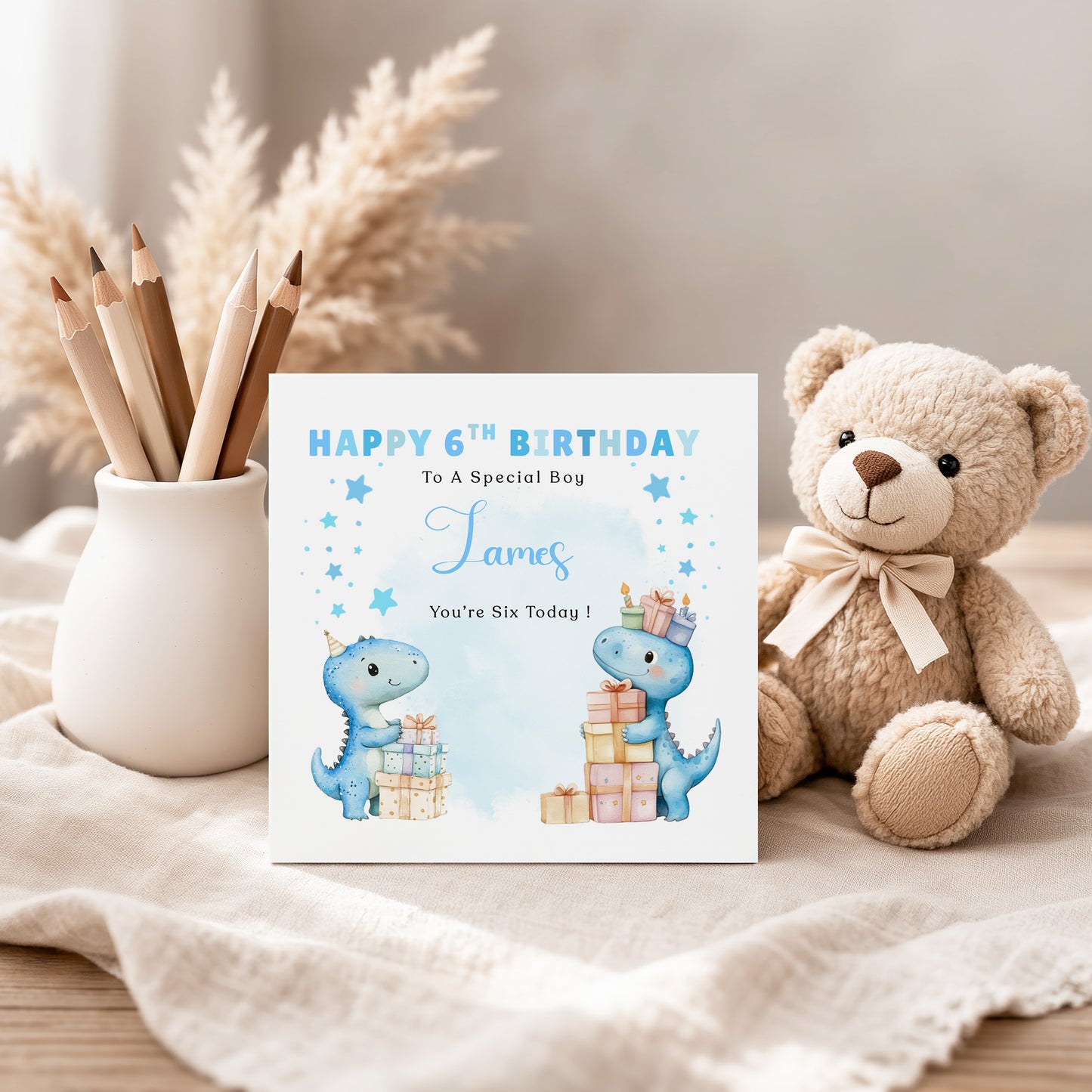 Personalised 6th Birthday Card for Boys – Cute Dinosaurs Design with Custom Name and Message – Age 6 Years Old Birthday Card for Boys, Kids, Son, Grandson, Nephew – Blue Envelope Included