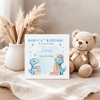 Personalised 6th Birthday Card for Boys – Cute Dinosaurs Design with Custom Name and Message – Age 6 Years Old Birthday Card for Boys, Kids, Son, Grandson, Nephew – Blue Envelope Included