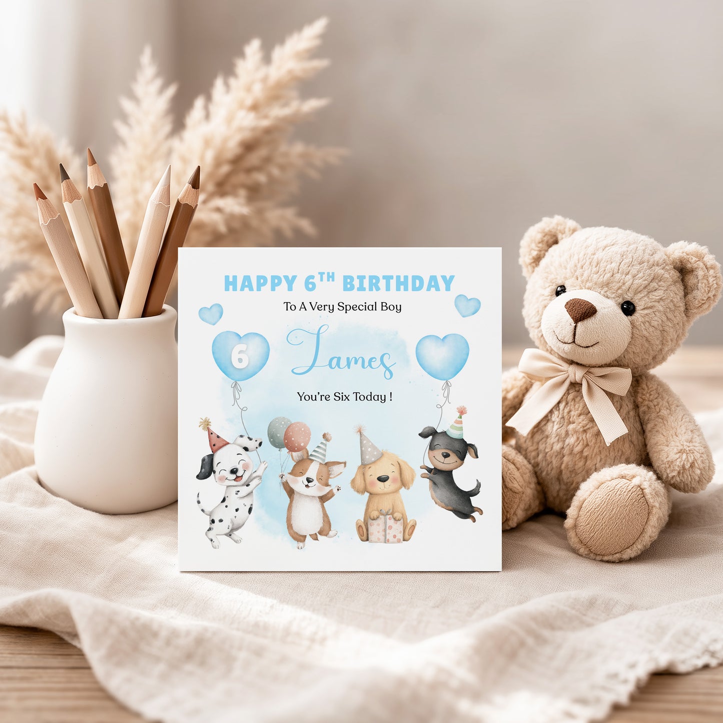Personalised 6th Birthday Card for Boys – Cute Puppy Dogs Design with Custom Name and Message, Age 6 Years Old Birthday Card for Kids, Children, Boy, Son, Grandson, Nephew– Blue Envelope Included