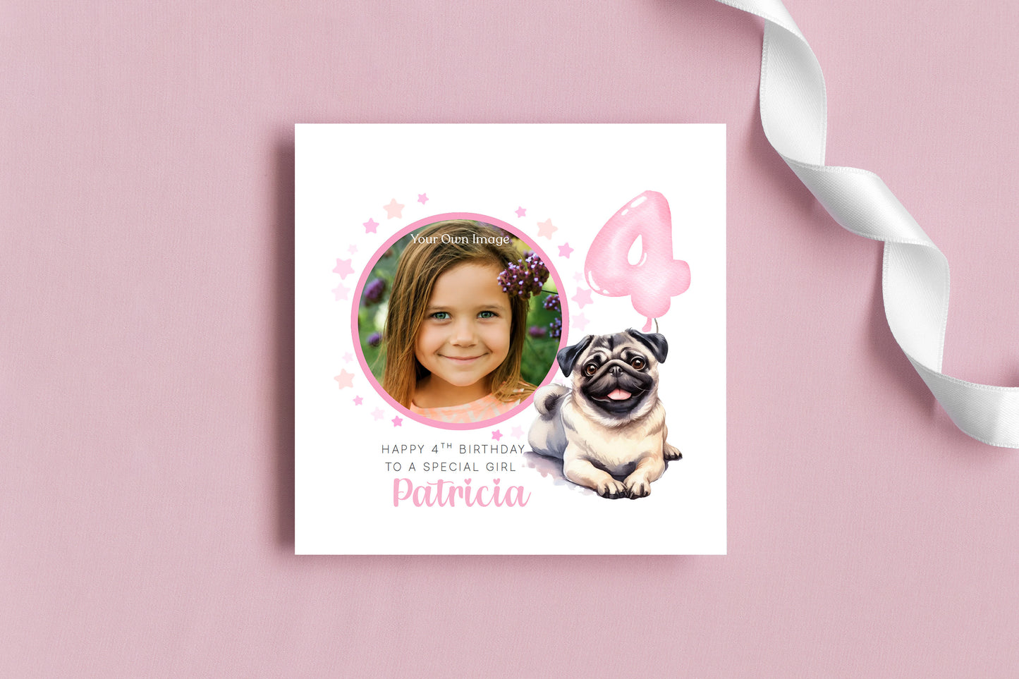 Personalised Photo 4 Years Old 4th Birthday Card for Girls – Pug Dog Design with Custom Name & Message - Age 4 Magical Birthday Card for Dog Lover, Kids Daughter Granddaughter Niece with Pink Envelope