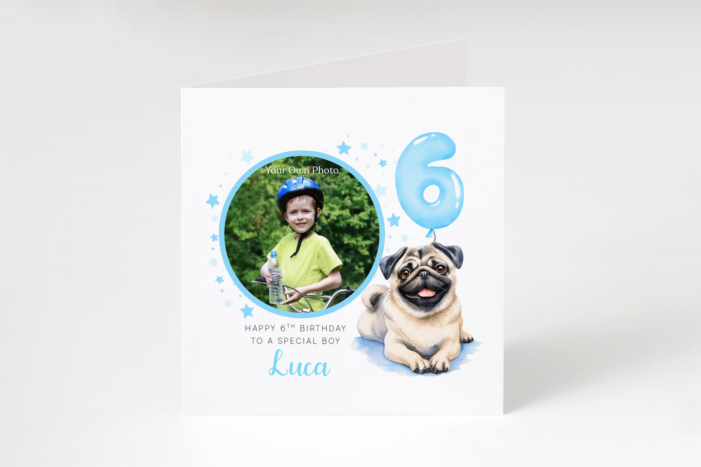 Personalised Photo 6th Birthday Card for Boys – Pug Dog Design with Custom Name and Message, Age 6 Years Old Birthday Card for Dog Lover, Kids, Boy, Son, Grandson, Nephew – Blue Envelope Included