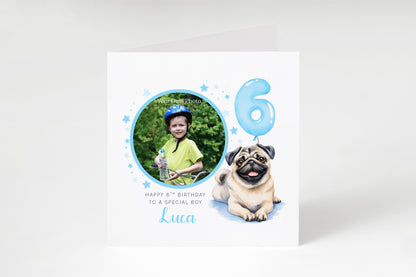 Personalised Photo 6th Birthday Card for Boys – Pug Dog Design with Custom Name and Message, Age 6 Years Old Birthday Card for Dog Lover, Kids, Boy, Son, Grandson, Nephew – Blue Envelope Included
