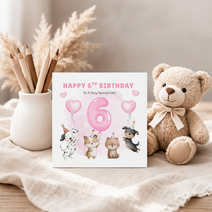 Sweet 6th Birthday Card for Girls - Cute Puppy Dogs and Balloon Design - Happy Birthday Card for Age 6 Years Old Girls, Kids, Daughter, Granddaughter, Niece – Pink Envelope Included