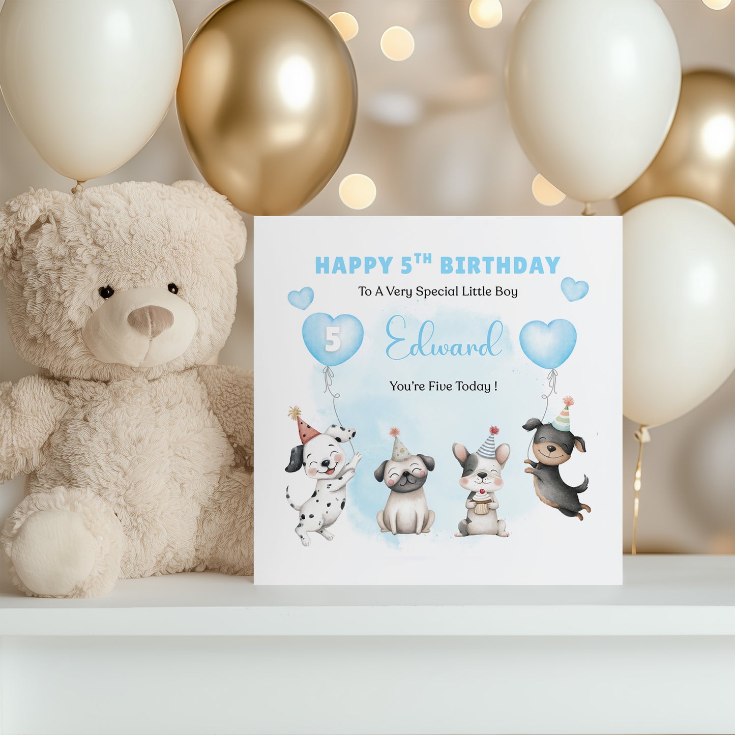 Personalised 5th Birthday Card for Boys – Cute Puppy Dogs Design with Custom Name and Message, Age 5 Years Old Birthday Card for Kids, Children, Boy, Son, Grandson, Nephew– Blue Envelope Included