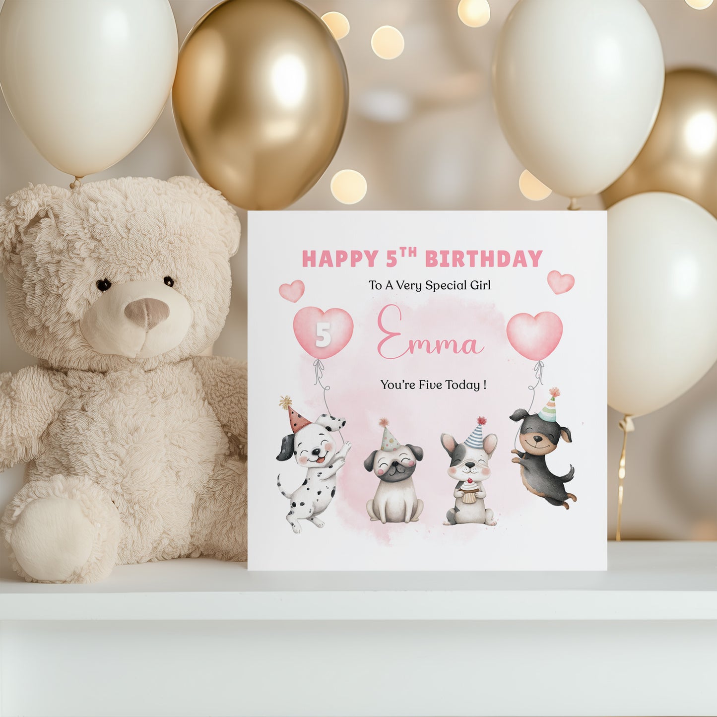 Personalised 5th Birthday Card for Girls – Cute Puppy Dogs Design with Custom Name and Message – Age 5 Years Old Birthday Card for Girls, Kids, Daughter, Granddaughter, Niece – Pink Envelope Included