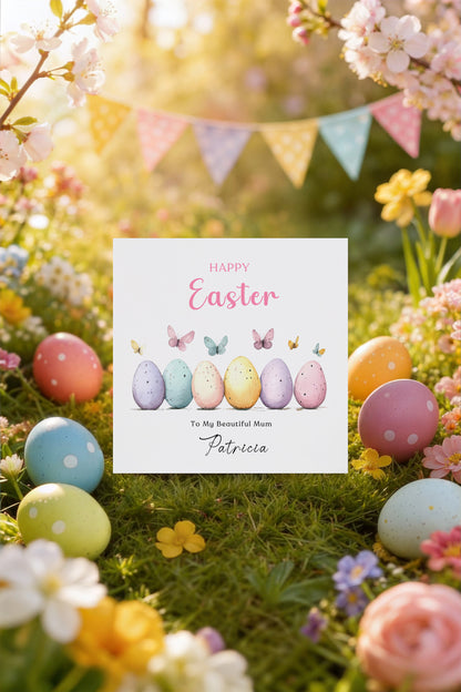 Personalised Happy Easter Card with Custom Name and Message - Butterfly with Easter Eggs Design for Her, Mum, Grandma, Auntie, Daughter, Granddaughter, Niece, Girls – Pink Envelope Included