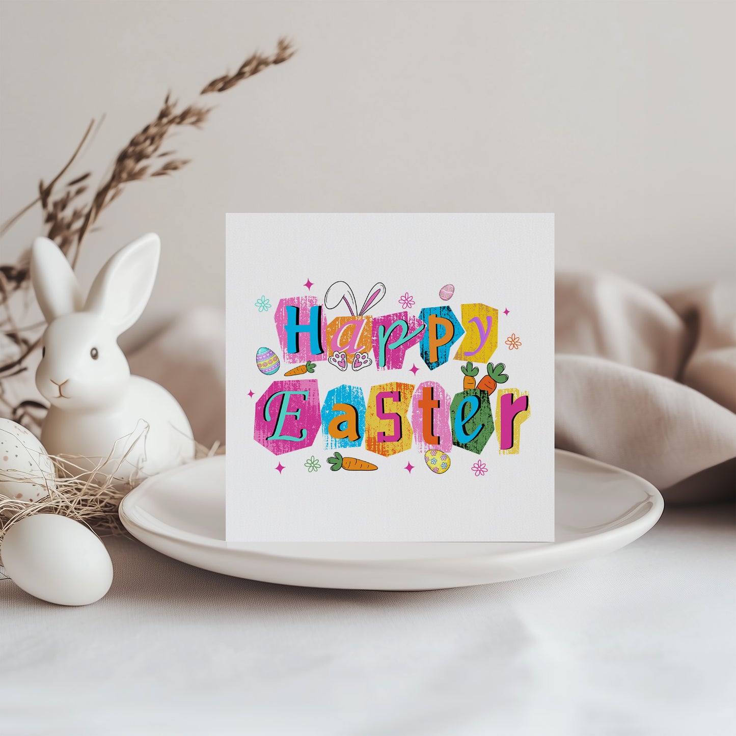 Colorful Bunny, Easter Eggs & Carrot Happy Easter Card – Cute Spring Holiday Card for Family, Teens, Kids, Friends and Loved Ones – Bright Modern Easter Card - Pink Envelope Included