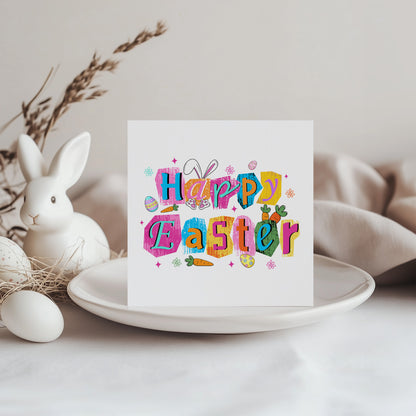 Colorful Bunny, Easter Eggs & Carrot Happy Easter Card – Cute Spring Holiday Card for Family, Teens, Kids, Friends and Loved Ones – Bright Modern Easter Card - Pink Envelope Included