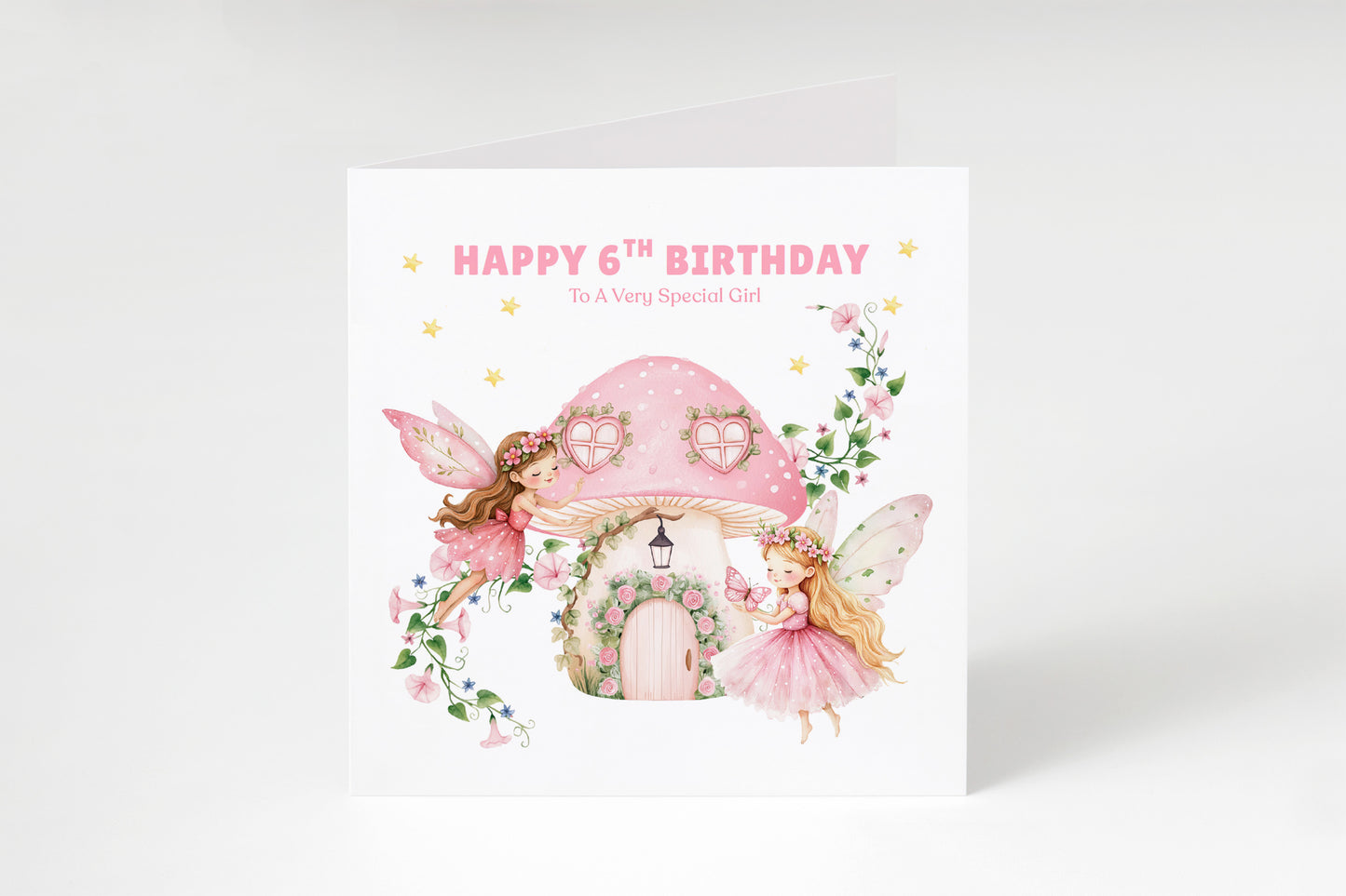 Sweet 6 Years Old 6th Birthday Card for Girls – Magical Fairy with Mushroom House - Age 6 Happy Birthday Card for Kids Children Daughter Granddaughter Niece - Pink Envelope Included