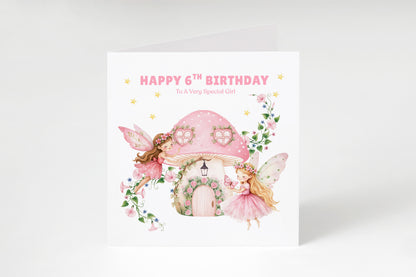 Sweet 6 Years Old 6th Birthday Card for Girls – Magical Fairy with Mushroom House - Age 6 Happy Birthday Card for Kids Children Daughter Granddaughter Niece - Pink Envelope Included