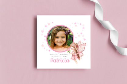 Personalised Photo 4 Years Old 4th Birthday Card for Girls – Fairy Design with Custom Name & Message - Age 4 Magical Birthday Card for Kids Daughter Granddaughter Niece with Pink Envelope