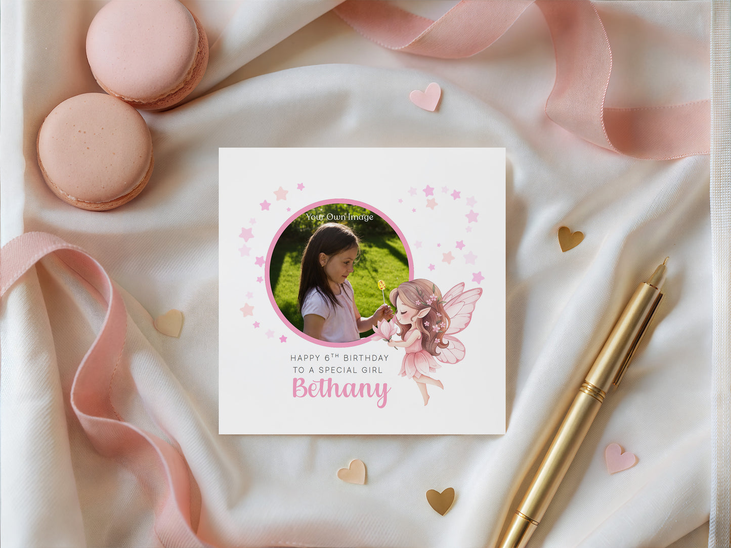 Personalised Photo 6 Years Old 6th Birthday Card for Girls – Fairy Design with Custom Name & Message - Age 6 Birthday Card for Kids Daughter Granddaughter Niece - Pink Envelope Included