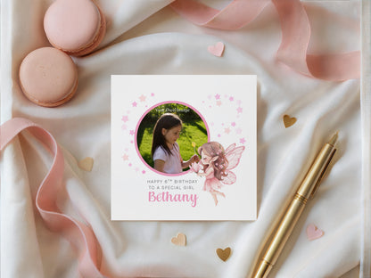Personalised Photo 6 Years Old 6th Birthday Card for Girls – Fairy Design with Custom Name & Message - Age 6 Birthday Card for Kids Daughter Granddaughter Niece - Pink Envelope Included