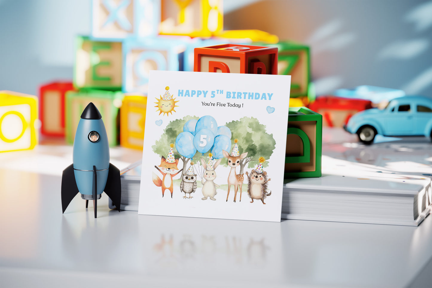 Woodland Animals 5th Birthday Card for Boys – Forest Animals Design Birthday Card for Age 5 Years Old Boy, Kids, Children, Son, Grandson, Nephew – Blue Envelope Included