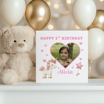 Personalised Photo 5 Years Old 5th Birthday Card for Girls – Unicorn Design, Heart Photo Frame with Custom Photo & Name for Age 5 Years Old Kid, Daughter, Granddaughter, Niece with Pink Envelope