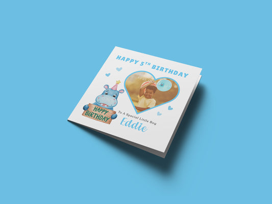 Personalised Photo 5th Birthday Card for Boys – Hippo & Heart Frame with Custom Photo, Name & Message, Age 5 Years Old Fifth Birthday Card for Kids, Son, Grandson, Nephew –  Blue Envelope Included