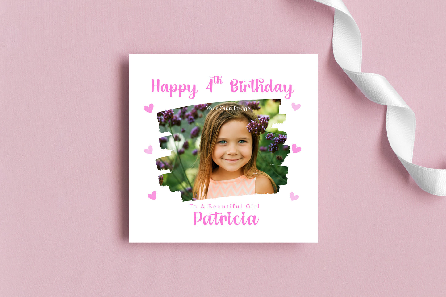 Personalised Photo 4 Years Old 4th Birthday Card for Girls – Brush-Stroke Photo Frame with Custom Name & Message - Age 4 Magical Birthday Card for Kids Daughter Granddaughter Niece with Pink Envelope