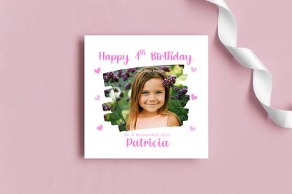 Personalised Photo 4 Years Old 4th Birthday Card for Girls – Brush-Stroke Photo Frame with Custom Name & Message - Age 4 Magical Birthday Card for Kids Daughter Granddaughter Niece with Pink Envelope