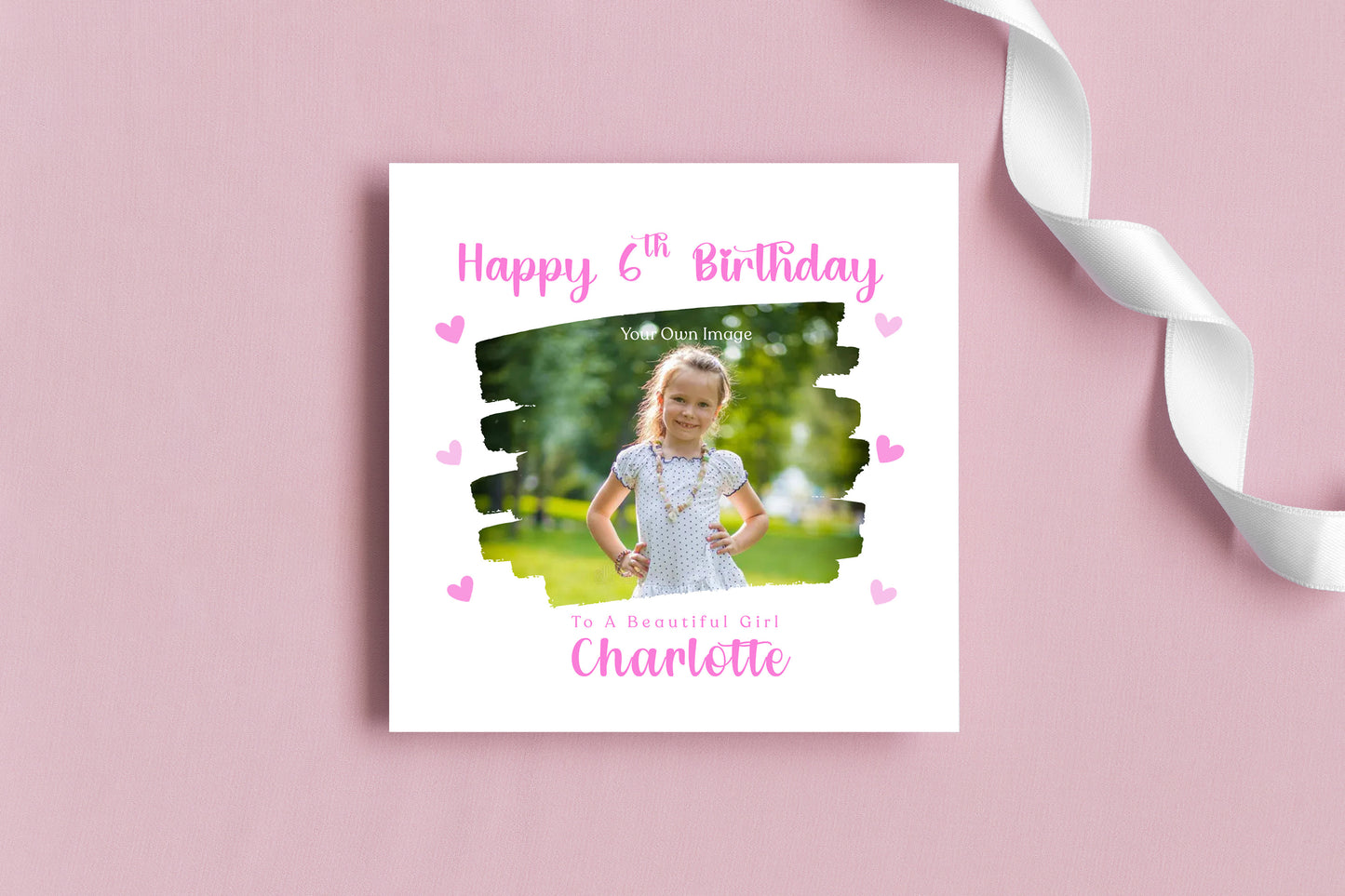 Personalised Photo 6 Years Old 6th Birthday Card for Girls – Brush-stroke Photo Frame with Custom Name & Message - Age 6 Birthday Card for Kids Daughter Granddaughter Niece - Pink Envelope Included