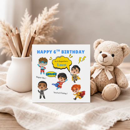 Personalised 6th Birthday Card for Superhero Boys – Superhero Design with Custom Name and Message, Age 6 Years Old Birthday Card for Kids, Children, Boy, Son, Grandson, Nephew– Blue Envelope Included