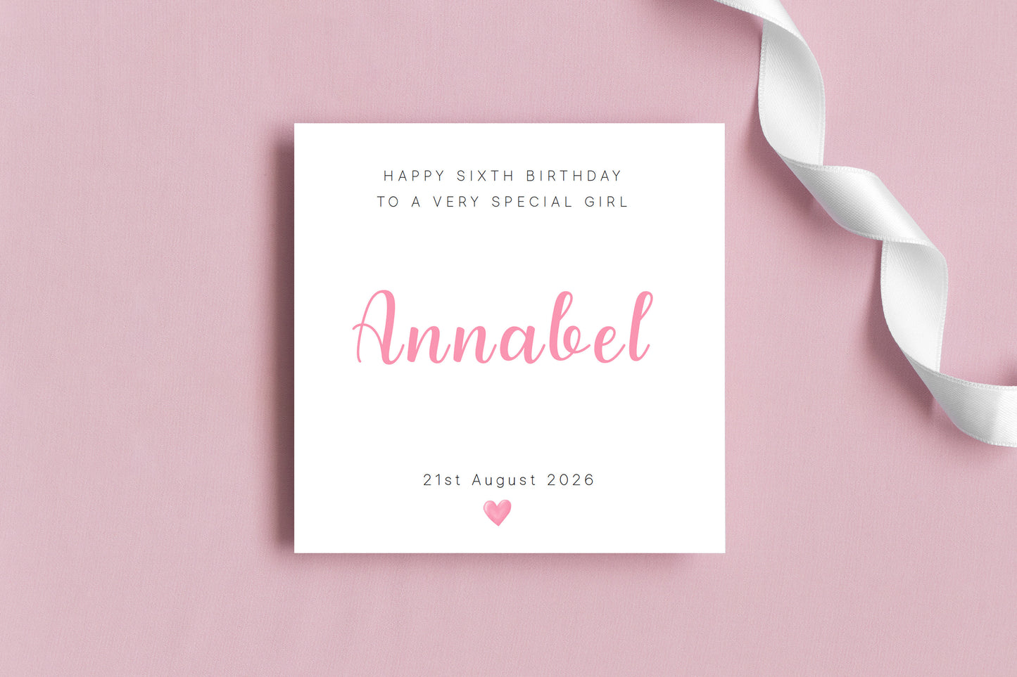 Personalised 6th Birthday Card for Girls – Elegant Minimalist Design with Custom Birthday, Name & Message - Age 6 Years Old Birthday Card for Kids Daughter Granddaughter Niece - Pink Envelope Included